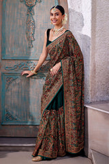 Bottle Green Georgette Colorful Thread Embroidered Saree