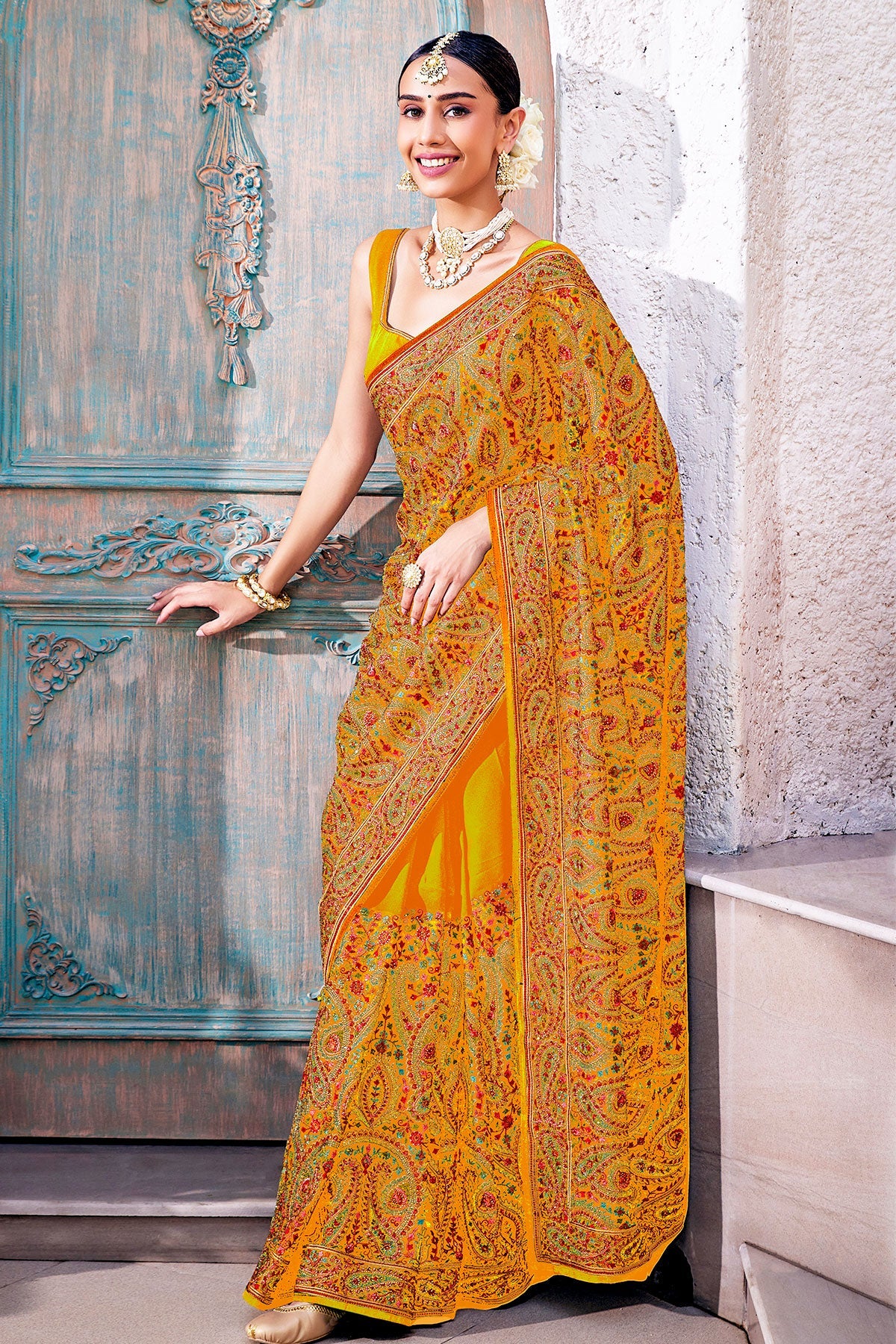 Mustard Georgette Colorful Thread Embroidered Saree