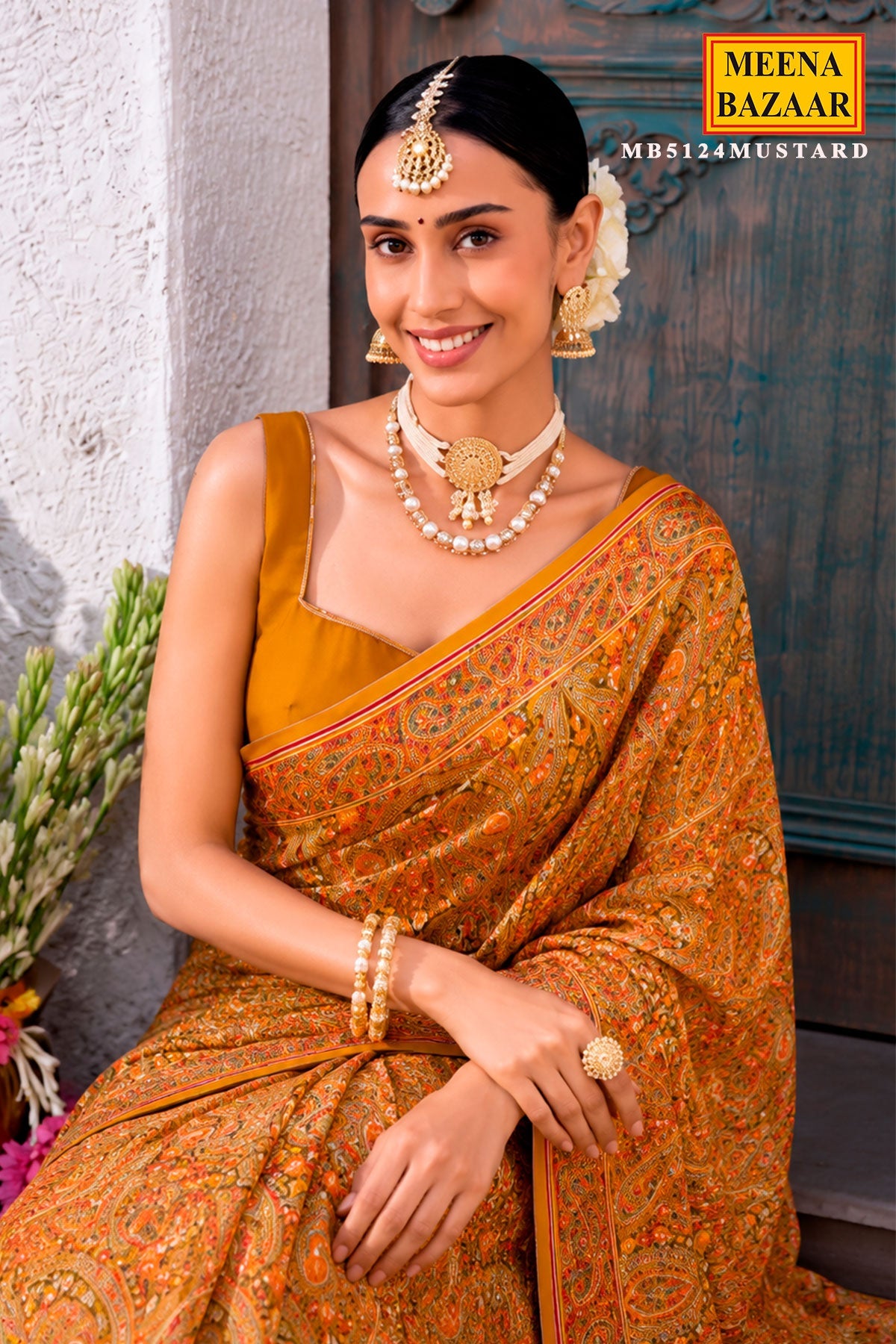 Mustard Georgette Colorful Thread Embroidered Saree