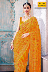 Mustard Georgette Colorful Thread Embroidered Saree