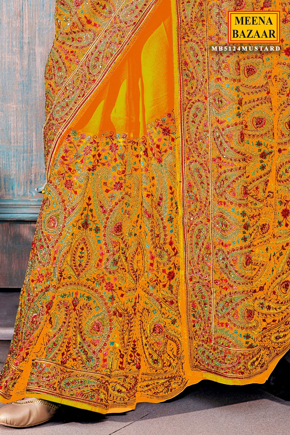 Mustard Georgette Colorful Thread Embroidered Saree