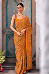 Mustard Georgette Colorful Thread Embroidered Saree