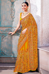 Mustard Georgette Colorful Thread Embroidered Saree