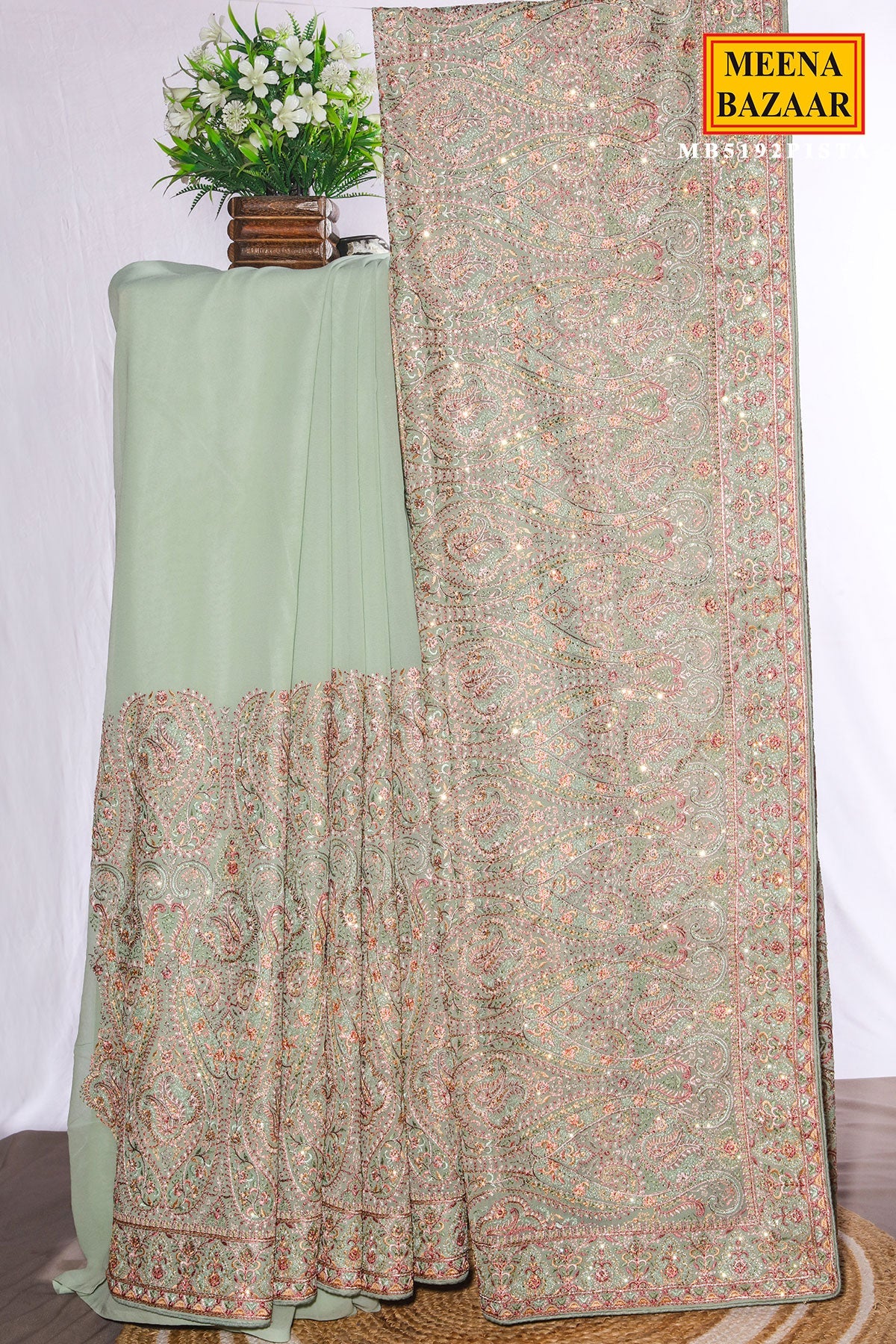 Pista Georgette Saree with Resham Embroidery