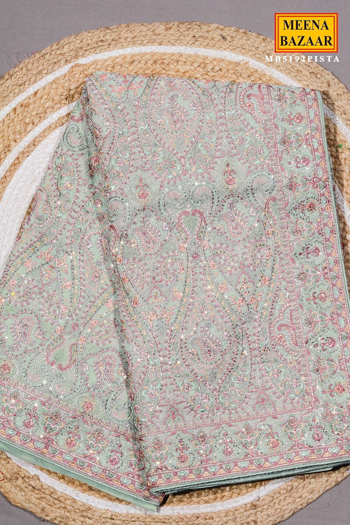 Pista Georgette Saree with Resham Embroidery
