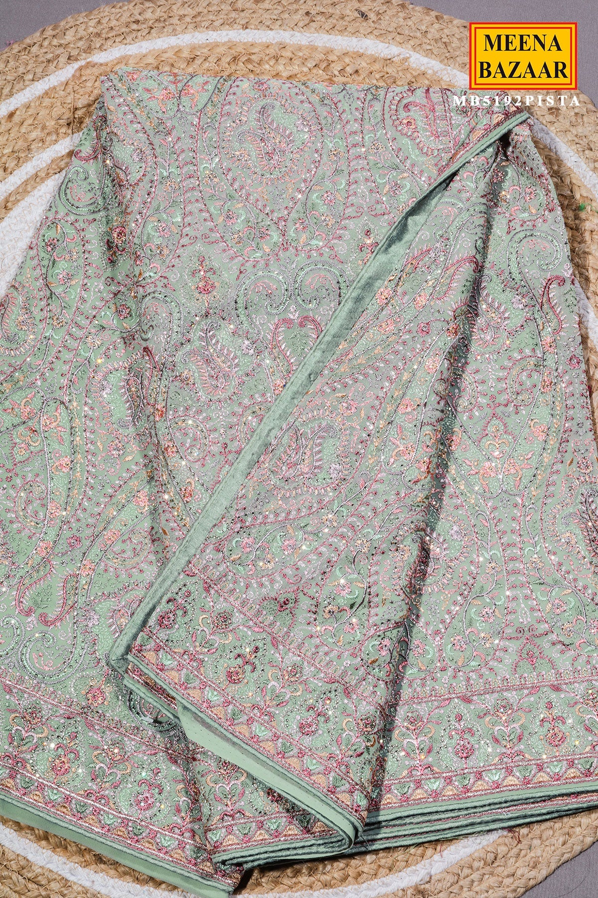 Pista Georgette Saree with Resham Embroidery