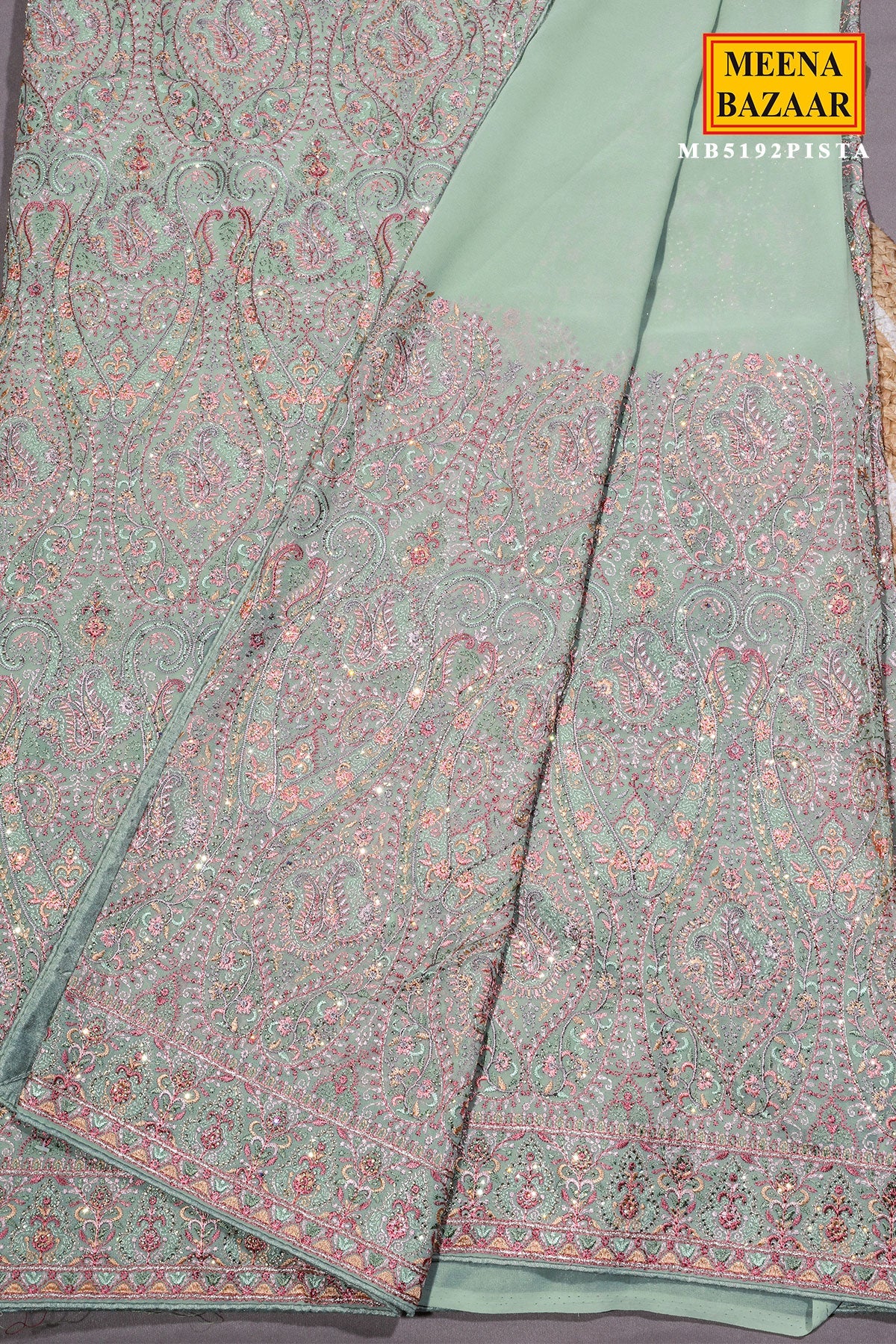Pista Georgette Saree with Resham Embroidery