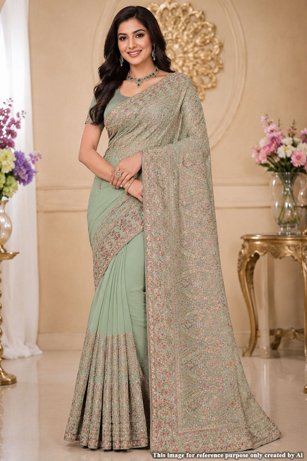 Pista Georgette Saree with Resham Embroidery