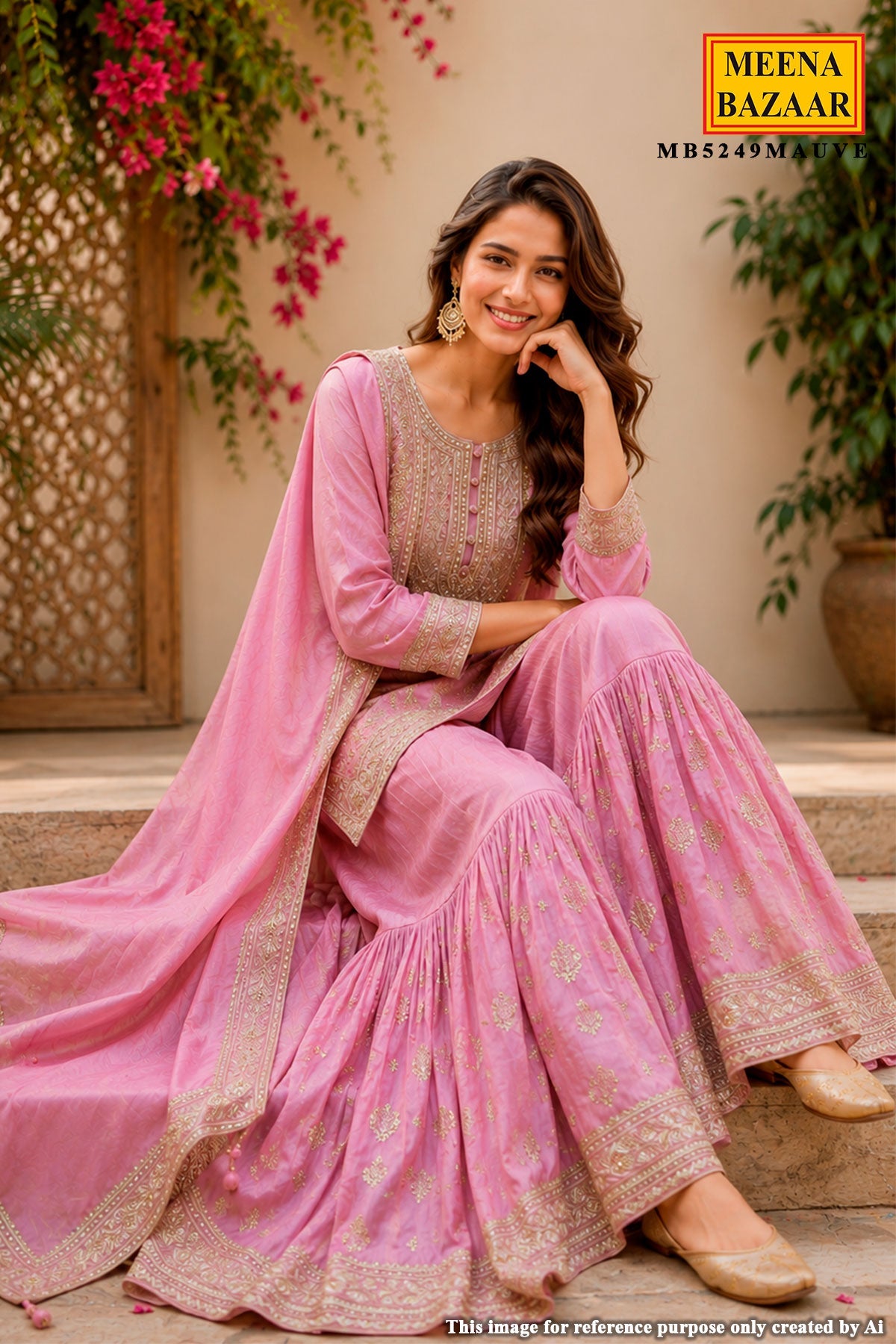 Mauve Georgette Straight Gharara Suit with Embroidery