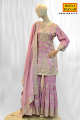 Mauve Georgette Straight Gharara Suit with Embroidery