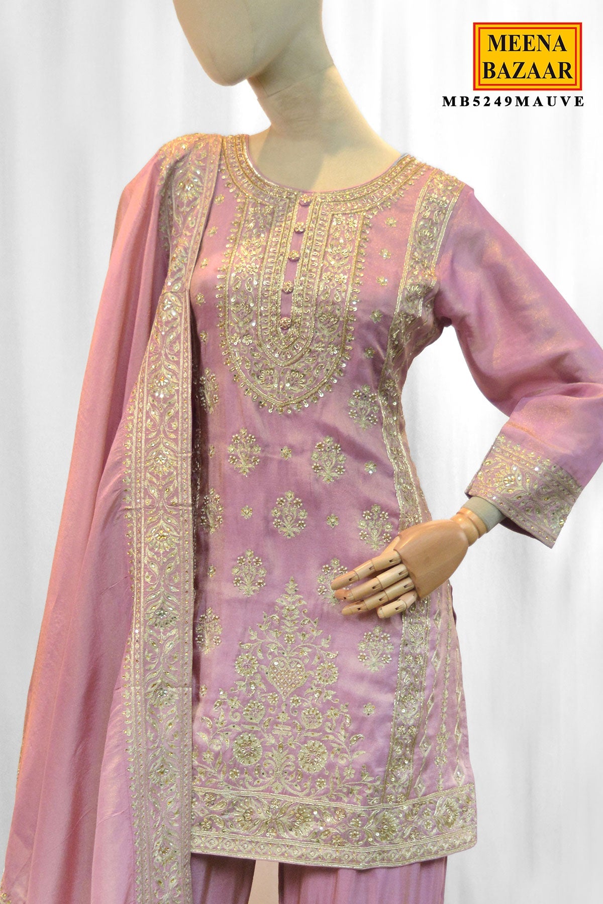 Mauve Georgette Straight Gharara Suit with Embroidery