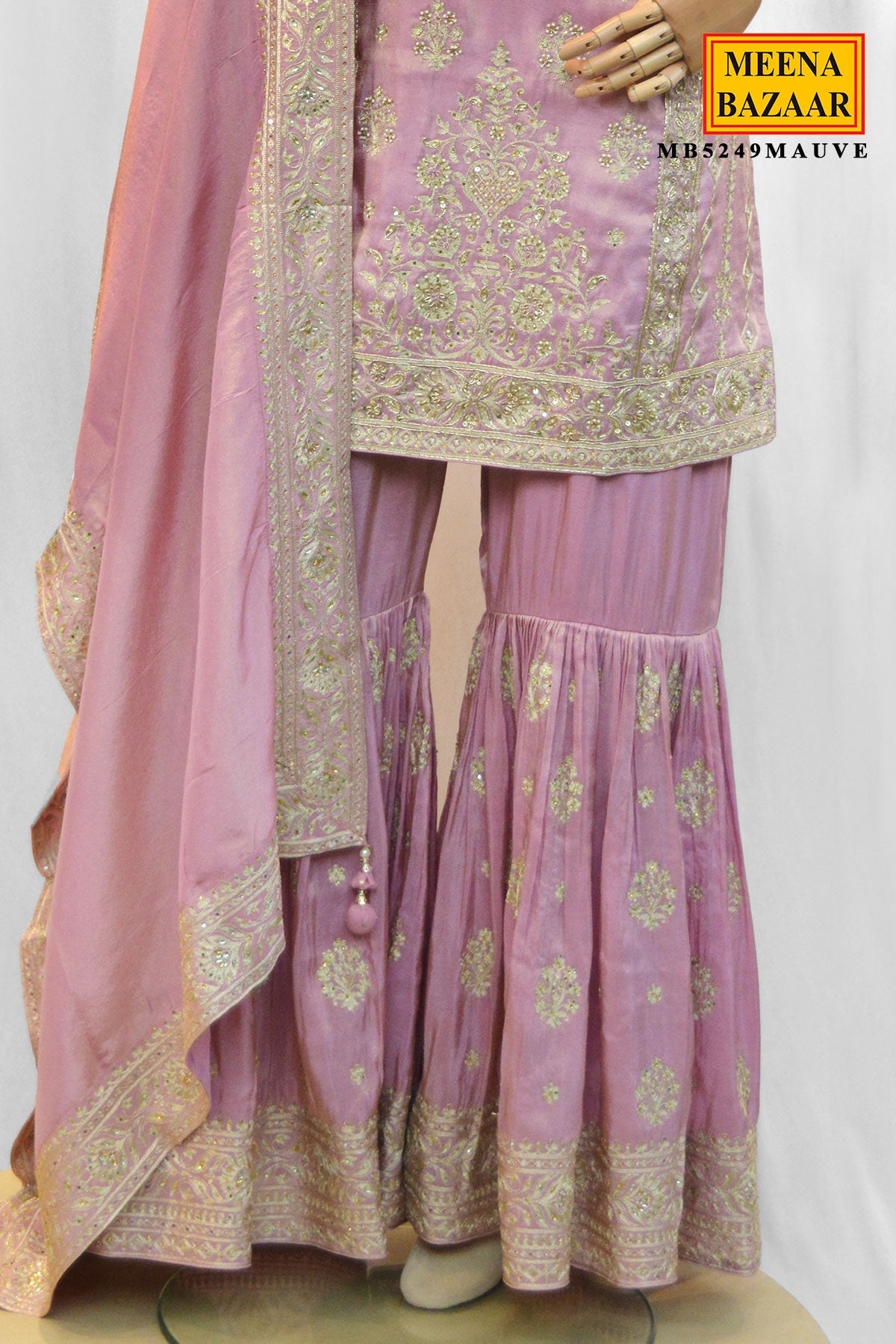 Mauve Georgette Straight Gharara Suit with Embroidery