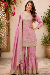 Mauve Georgette Straight Gharara Suit with Embroidery