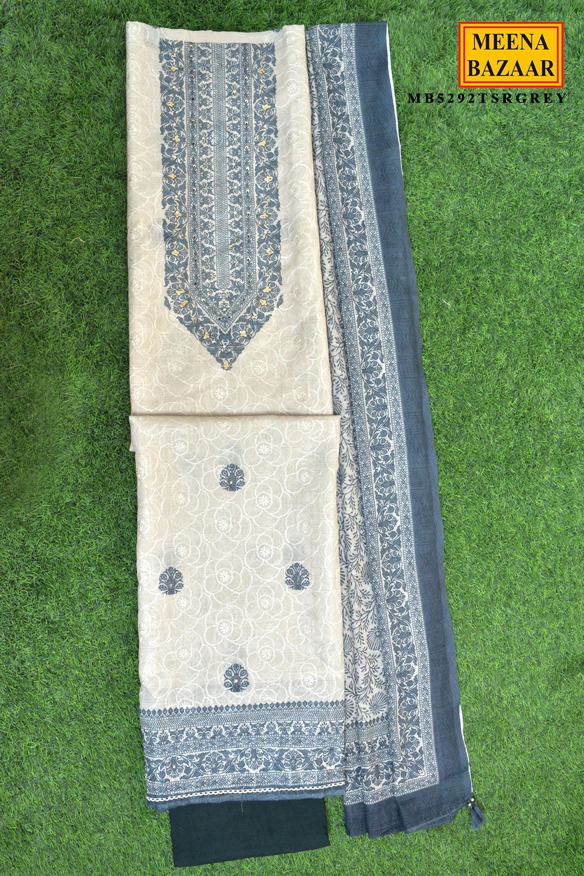 Grey Embroidered Suit Set with Dupatta