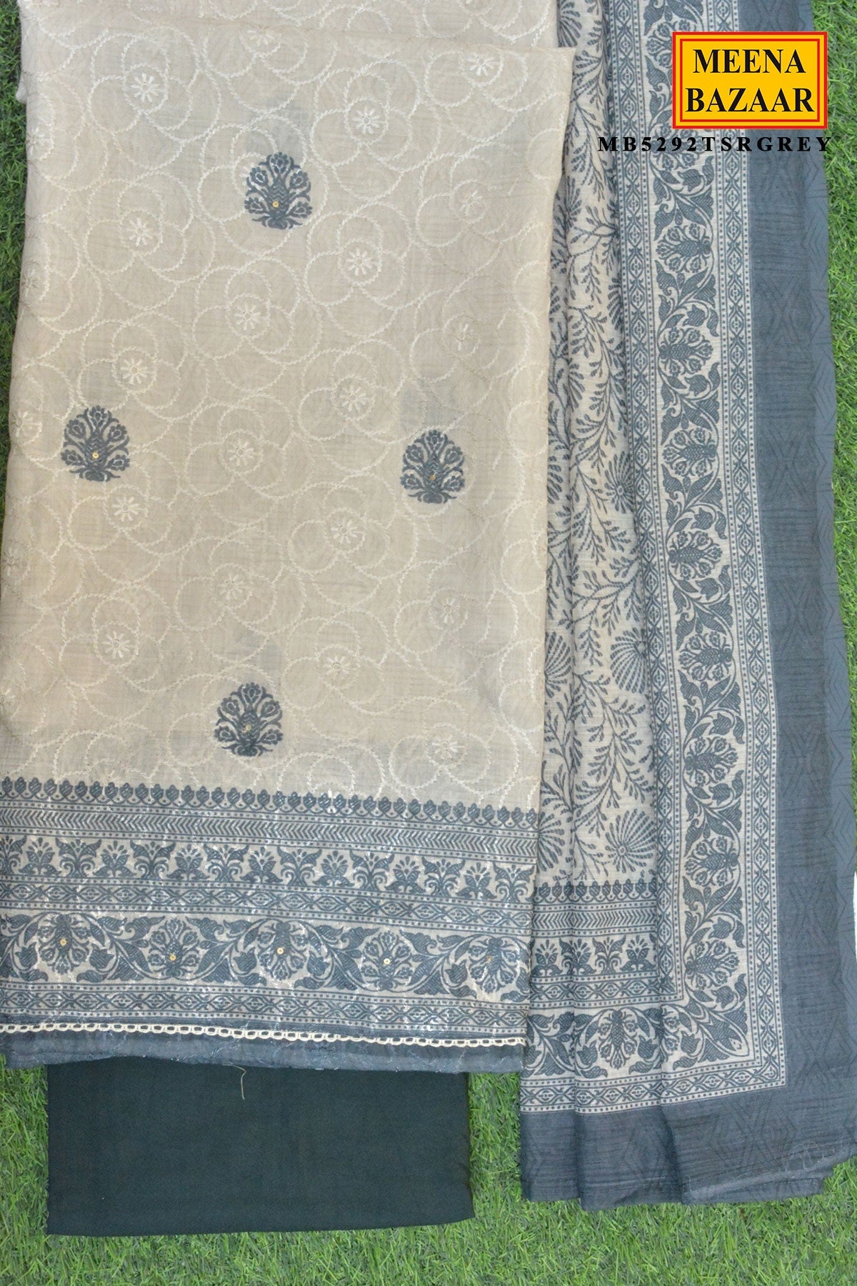 Grey Embroidered Suit Set with Dupatta