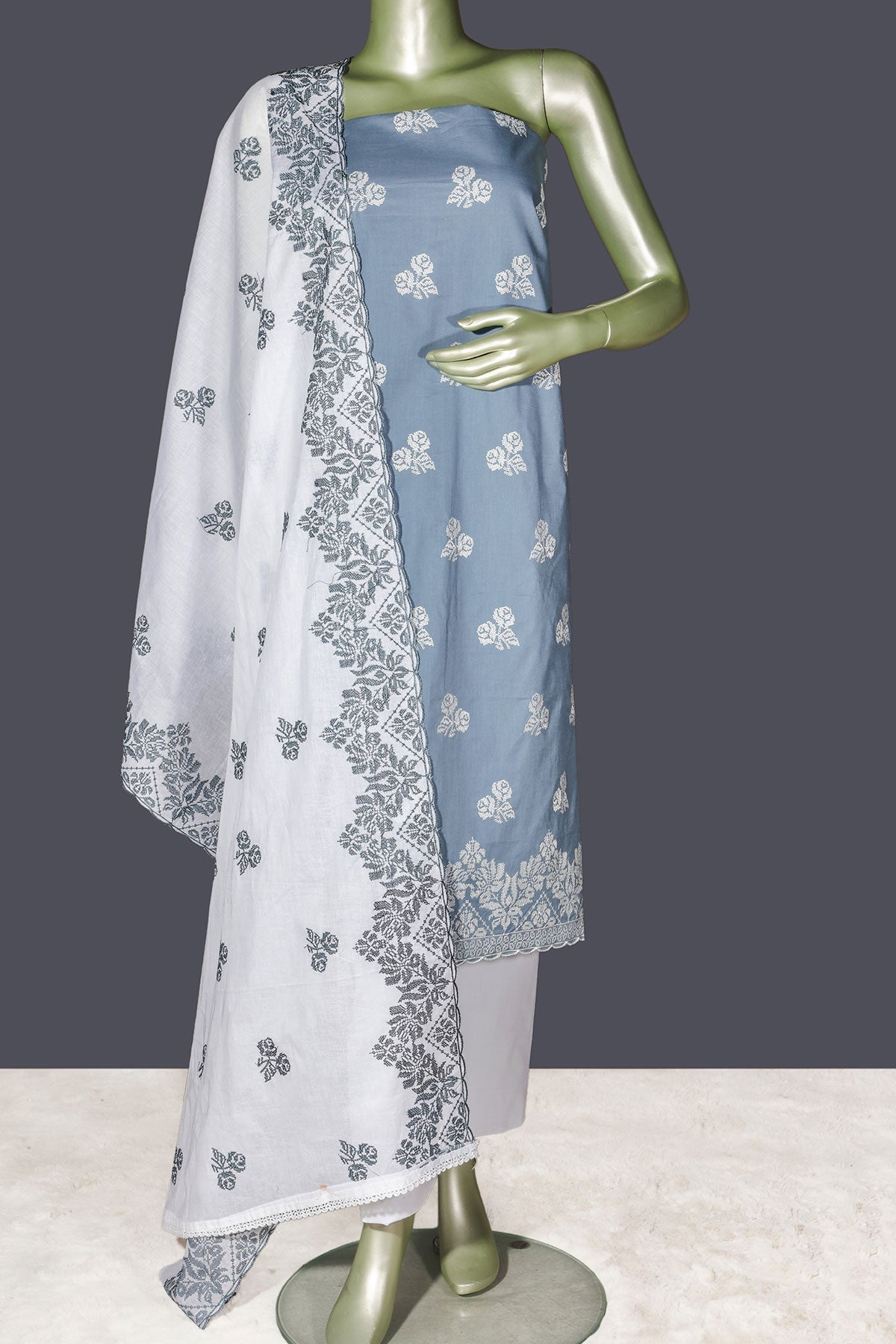 Grey Cotton Unstitched Suit with Embroidery Detail