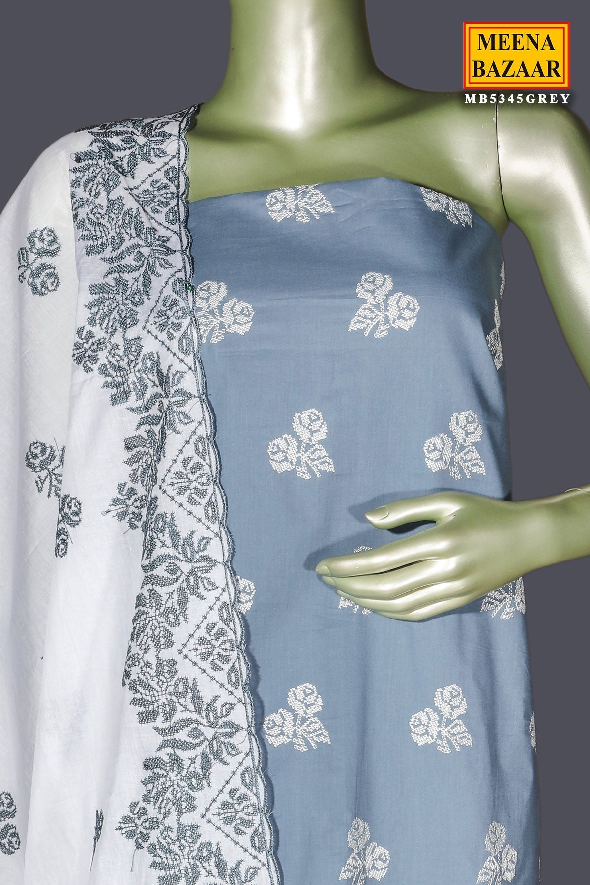 Grey Cotton Unstitched Suit with Embroidery Detail
