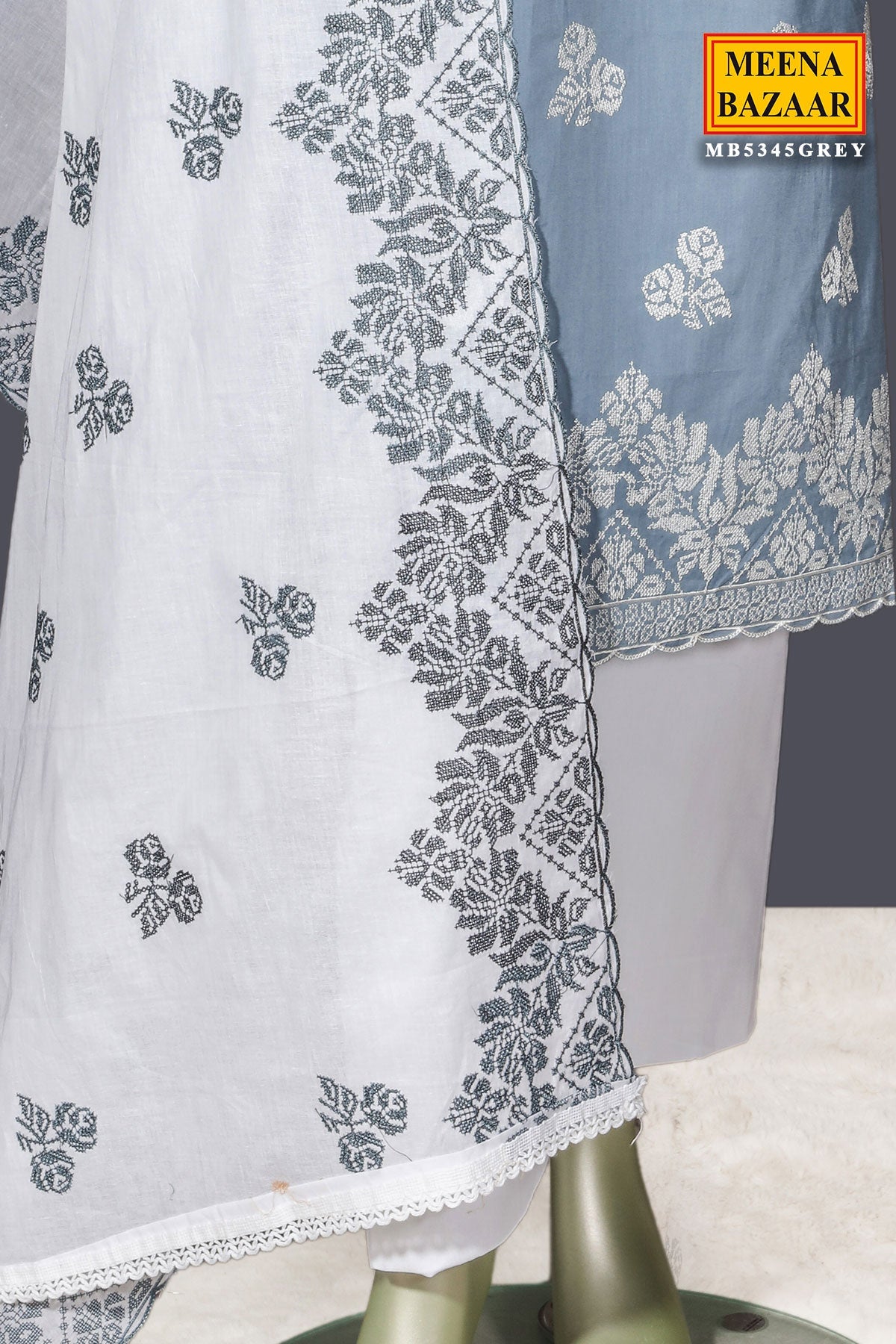 Grey Cotton Unstitched Suit with Embroidery Detail