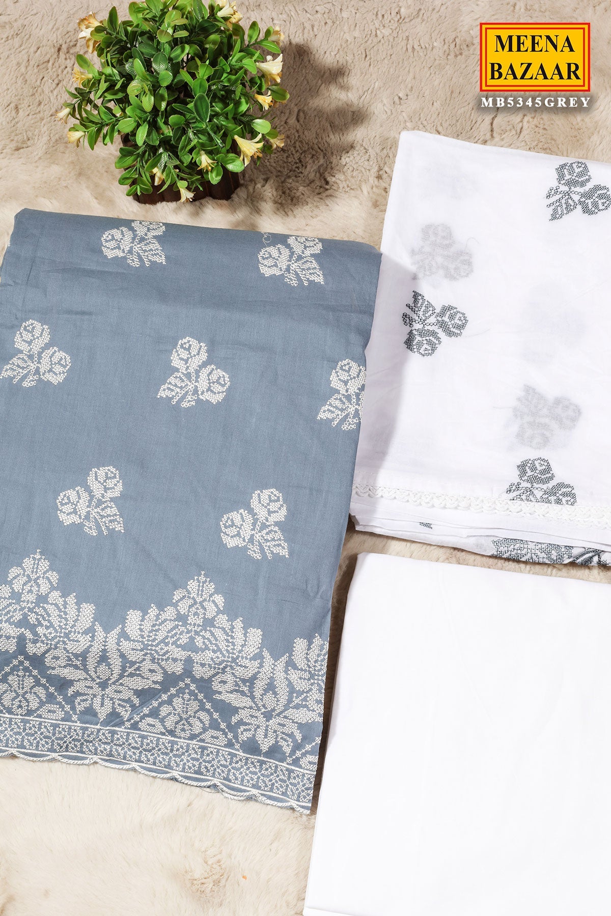 Grey Cotton Unstitched Suit with Embroidery Detail