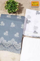 Grey Cotton Unstitched Suit with Embroidery Detail
