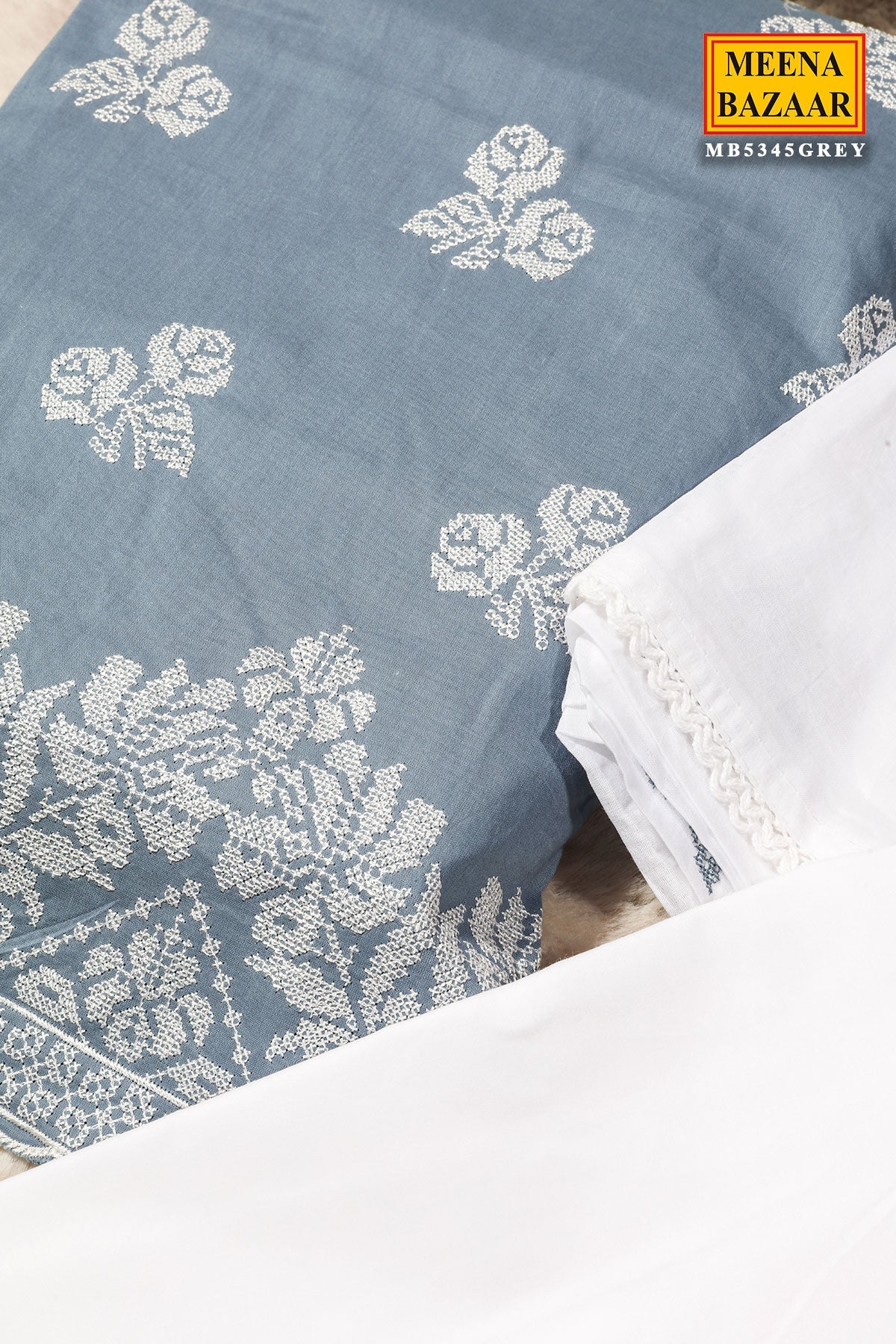 Grey Cotton Unstitched Suit with Embroidery Detail