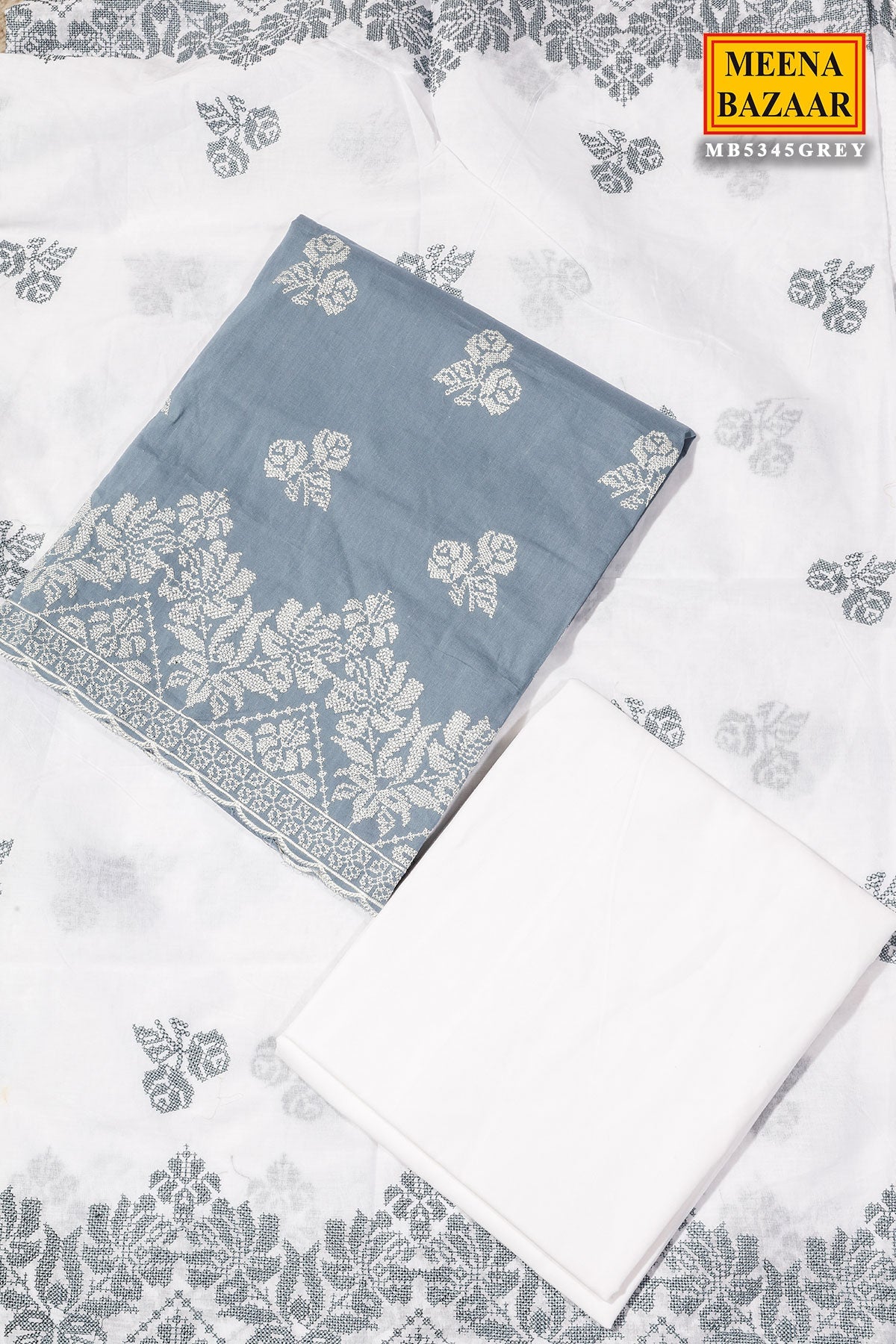 Grey Cotton Unstitched Suit with Embroidery Detail