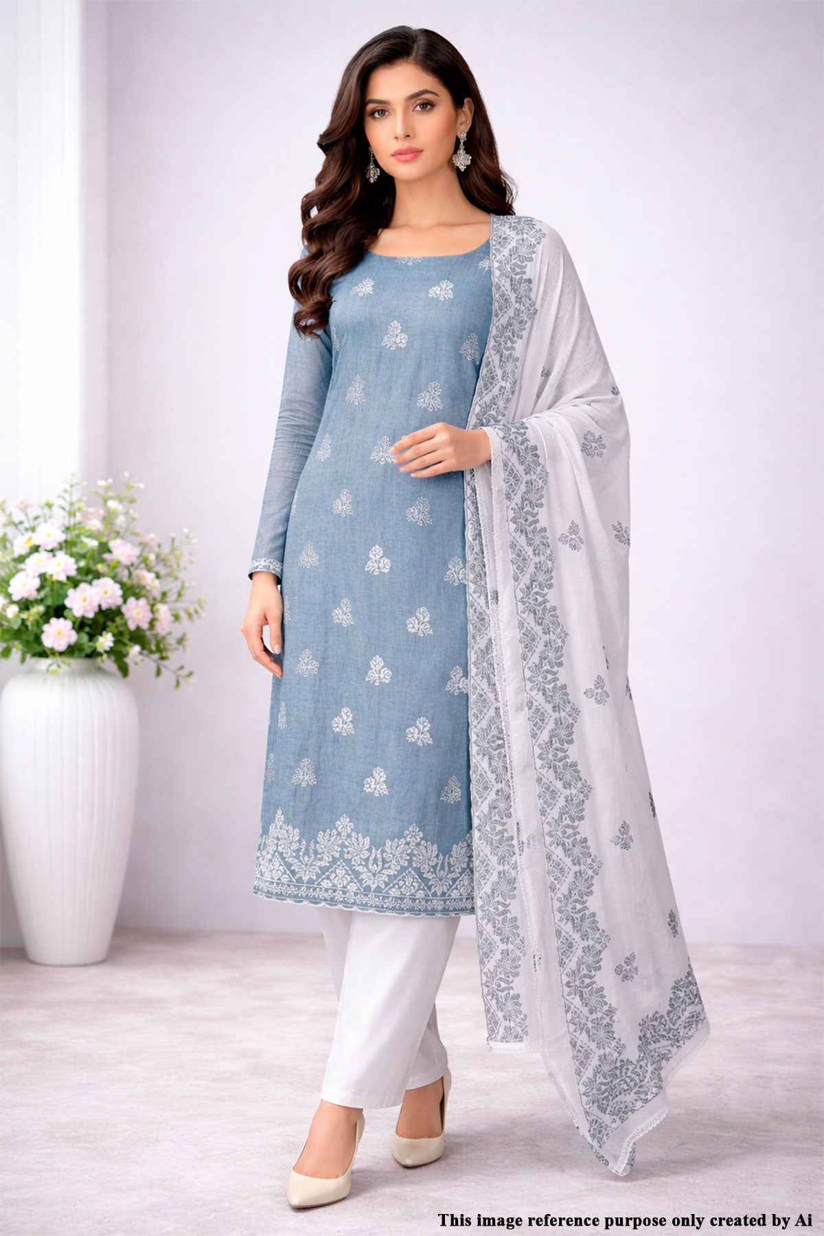 Grey Cotton Unstitched Suit with Embroidery Detail