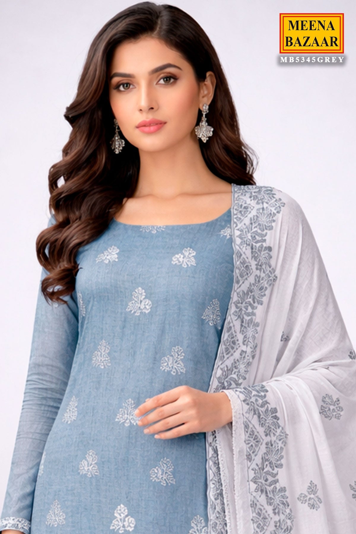 Grey Cotton Unstitched Suit with Embroidery Detail