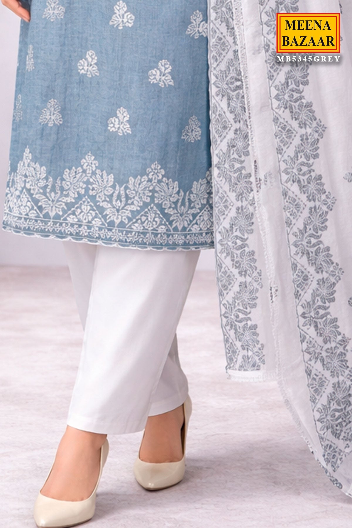 Grey Cotton Unstitched Suit with Embroidery Detail