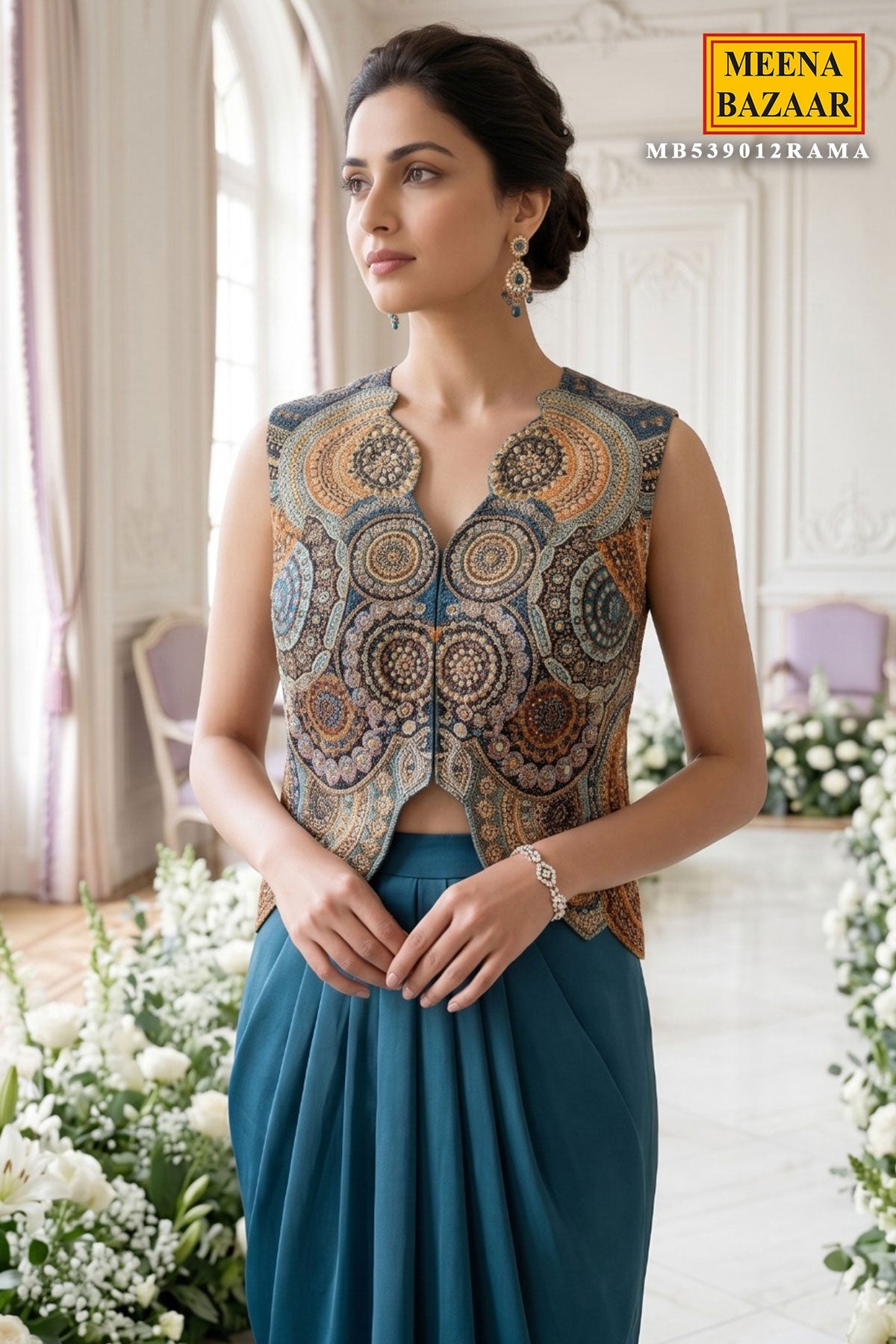 Chakra Embroidered Waistcoat and Draped Skirt Set