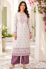 Cream & Mauve Floral Printed Chanderi Embroidered Unstitched Suit Set