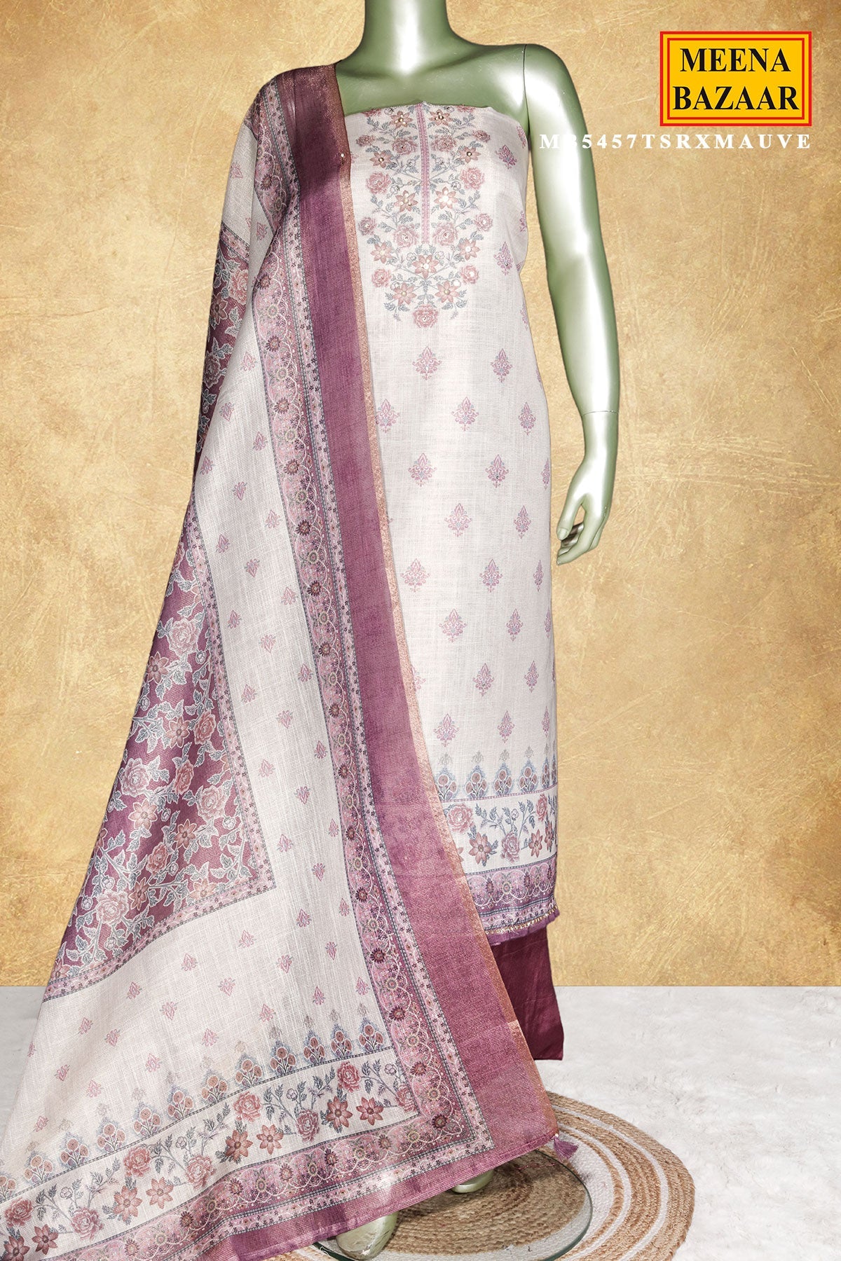 Cream & Mauve Floral Printed Chanderi Embroidered Unstitched Suit Set