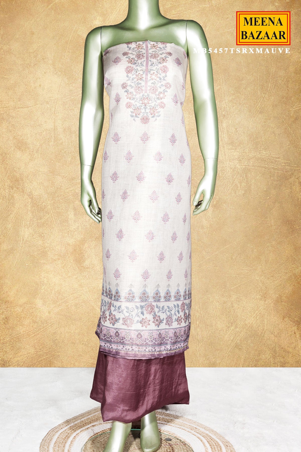 Cream & Mauve Floral Printed Chanderi Embroidered Unstitched Suit Set