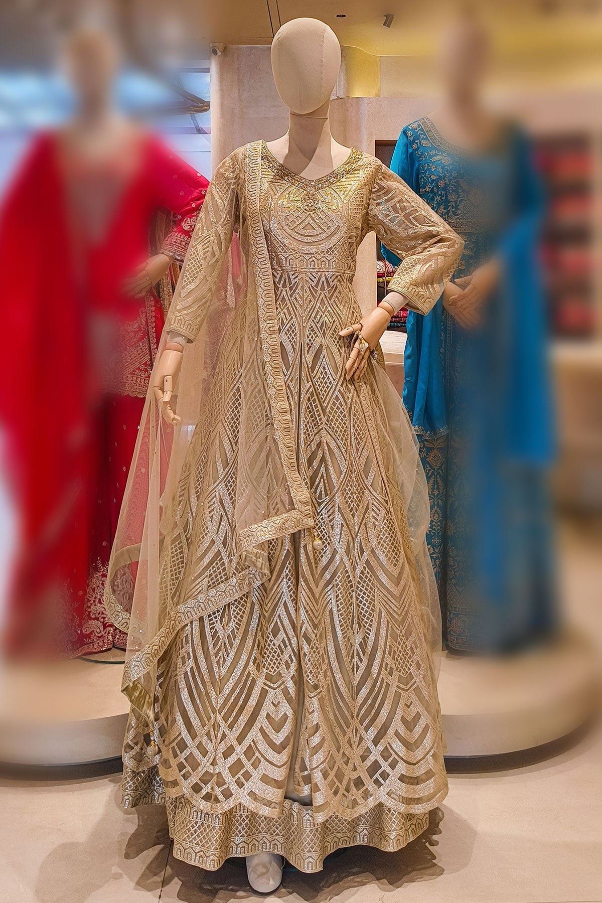 Tussar Neck Embroidered Floor Length Suit With Skirt