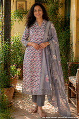 Grey Floral Printed Cotton Unstitched Suit Set with Sheer Dupatta for Women