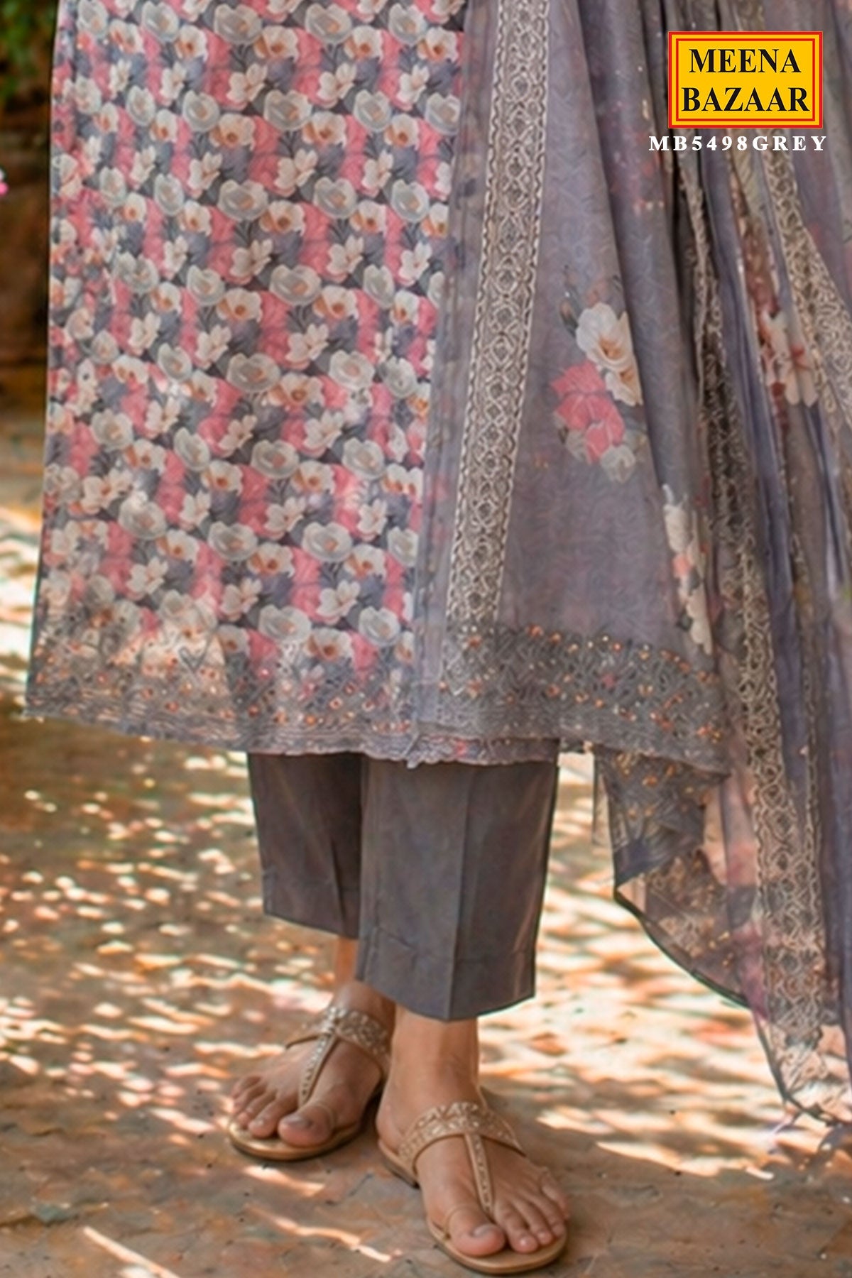 Grey Floral Printed Cotton Unstitched Suit Set with Sheer Dupatta for Women