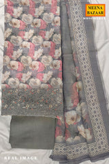 Grey Floral Printed Cotton Unstitched Suit Set with Sheer Dupatta for Women