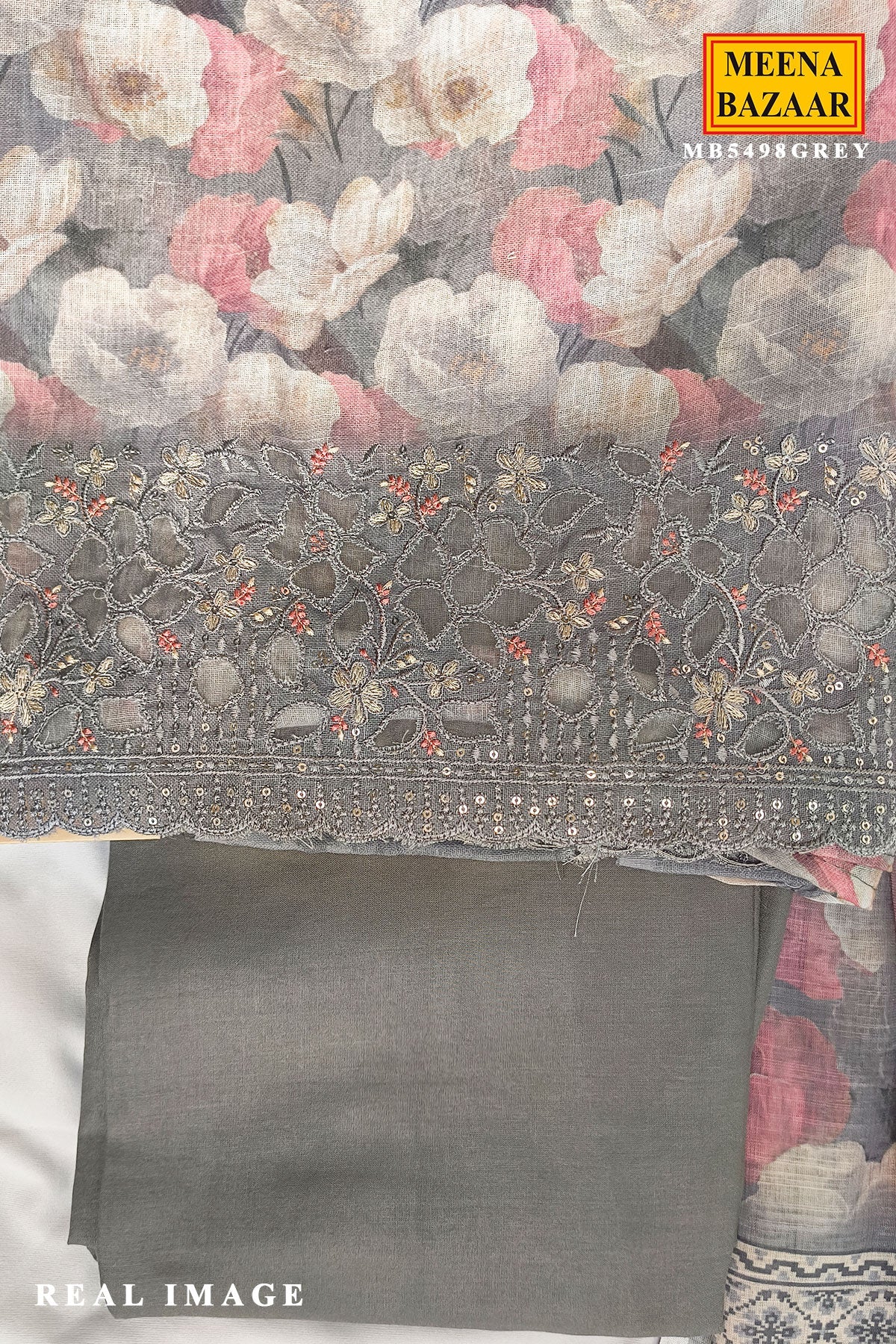 Grey Floral Printed Cotton Unstitched Suit Set with Sheer Dupatta for Women
