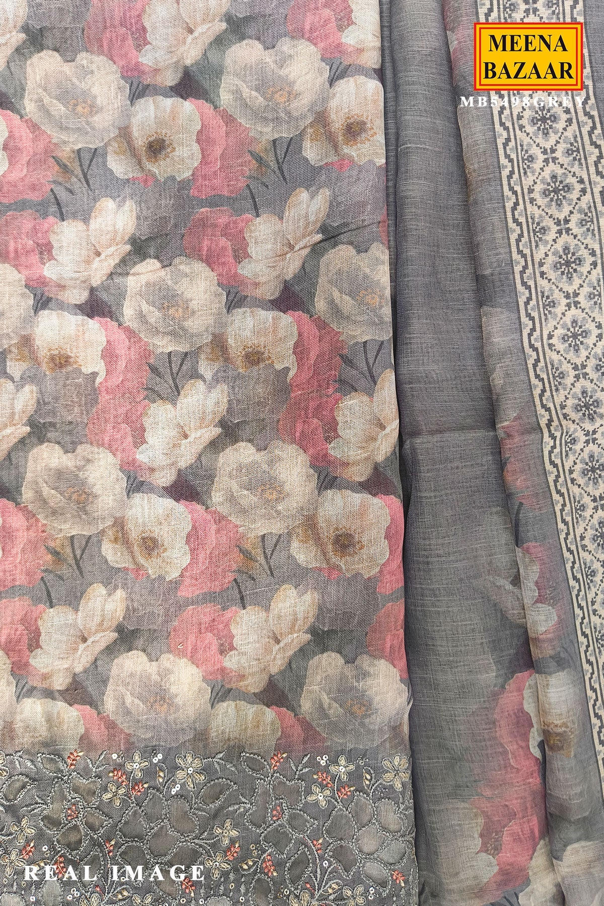Grey Floral Printed Cotton Unstitched Suit Set with Sheer Dupatta for Women