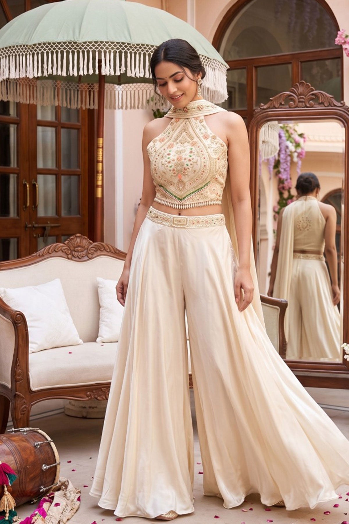 Cream Embroidered Indo-Western Palazzo Set