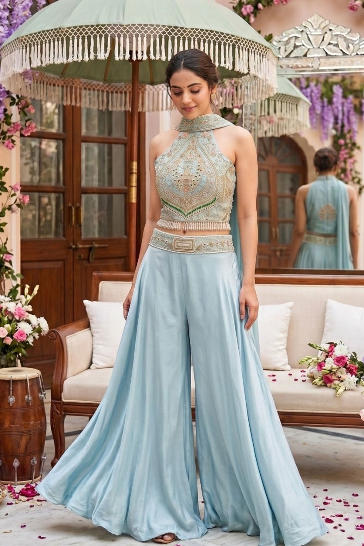 Firozi Blue Embroidered Indo-Western Palazzo Set