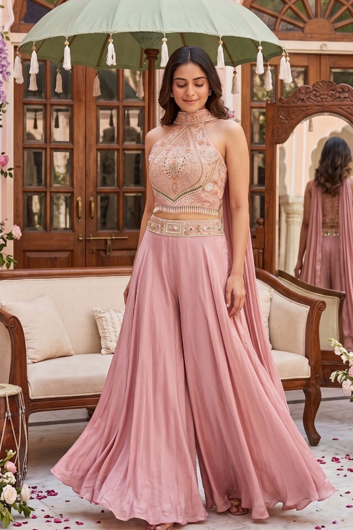 Blush Pink Embroidered Indo-Western Palazzo Set