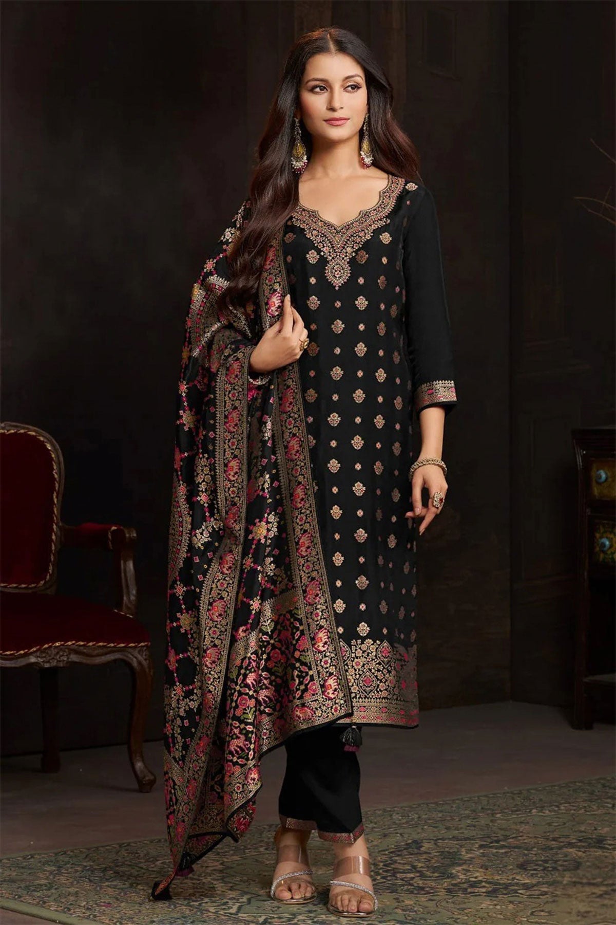 Black Silk Ready Made Suit with Neck Embroidery