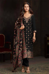 Black Silk Ready Made Suit with Neck Embroidery