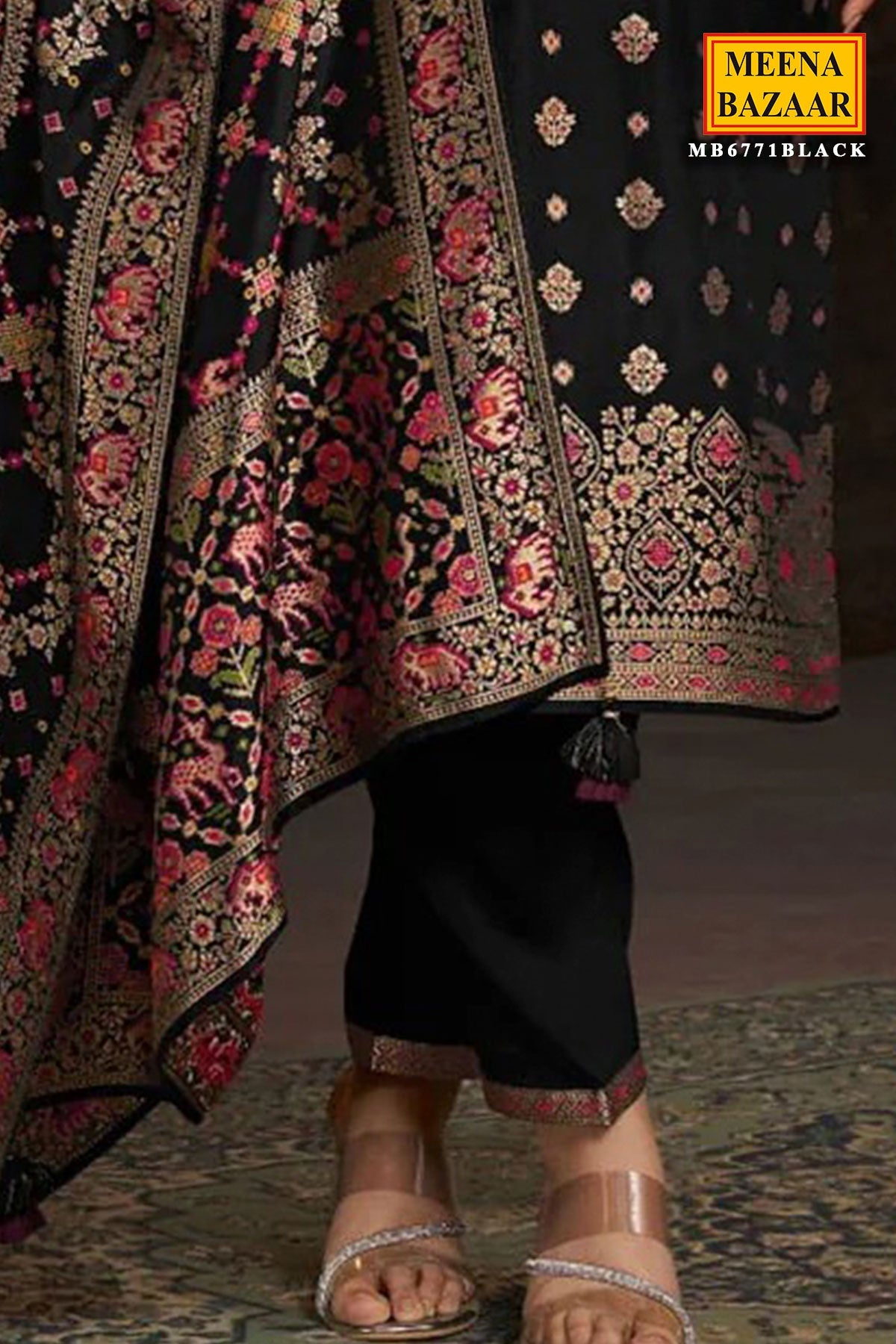 Black Silk Ready Made Suit with Neck Embroidery