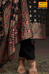 Black Silk Ready Made Suit with Neck Embroidery