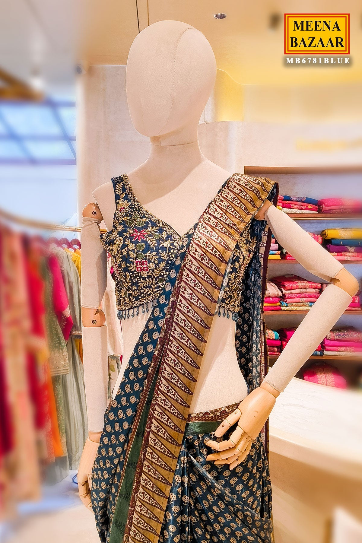 Blue Embroidered Satin Saree - Contemporary Festive Elegance