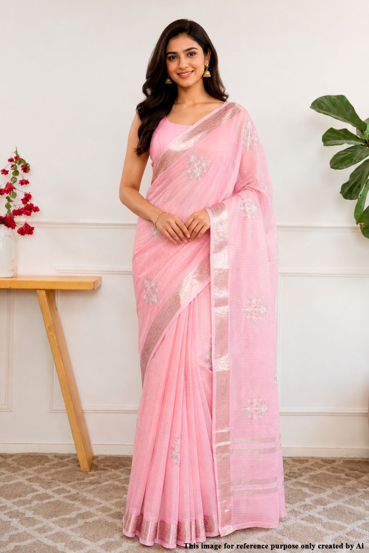 Pink Cotton Saree with Resham Butta Weaving
