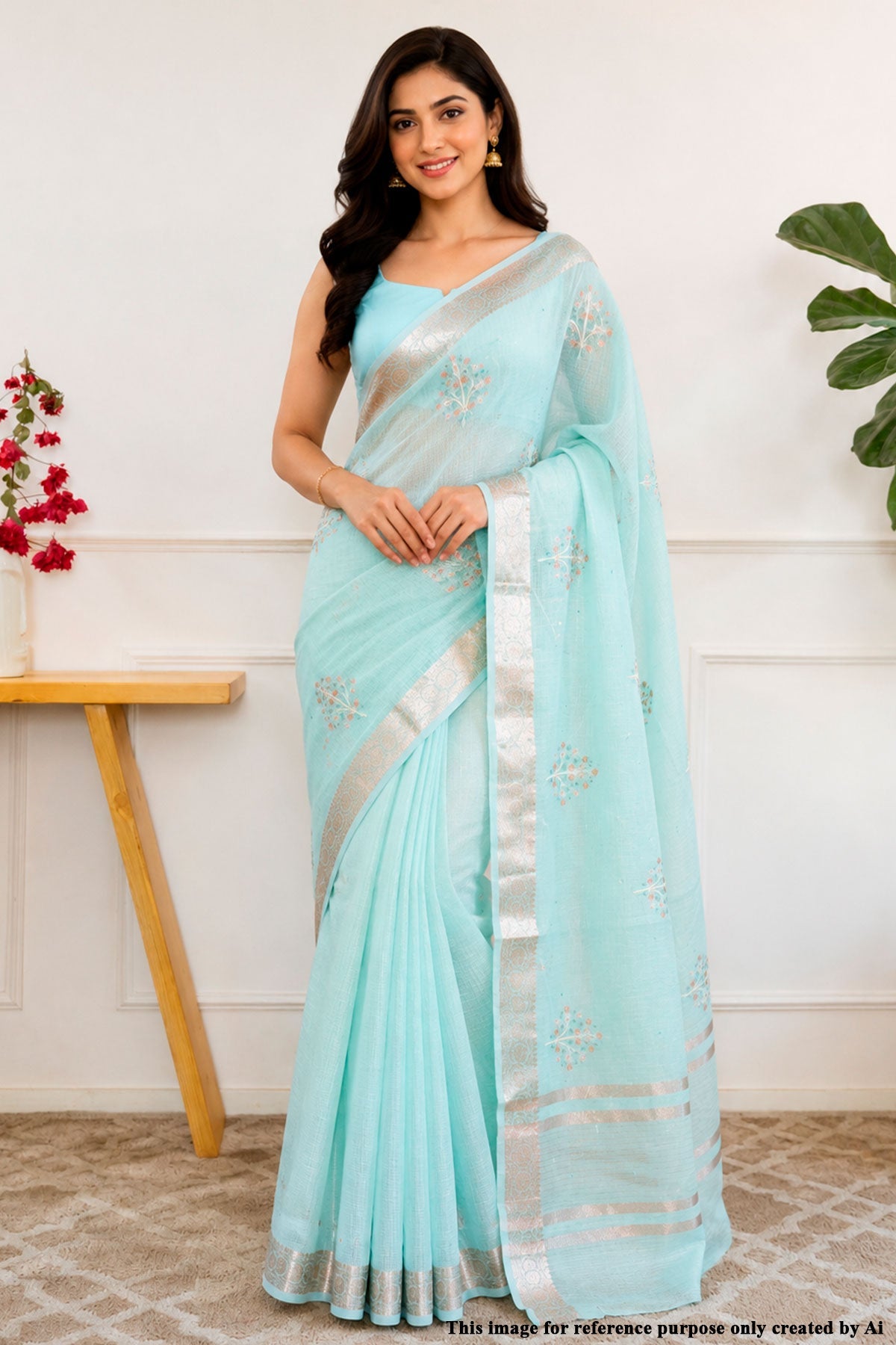 Sea Green Cotton Saree with Resham Butta Weaving