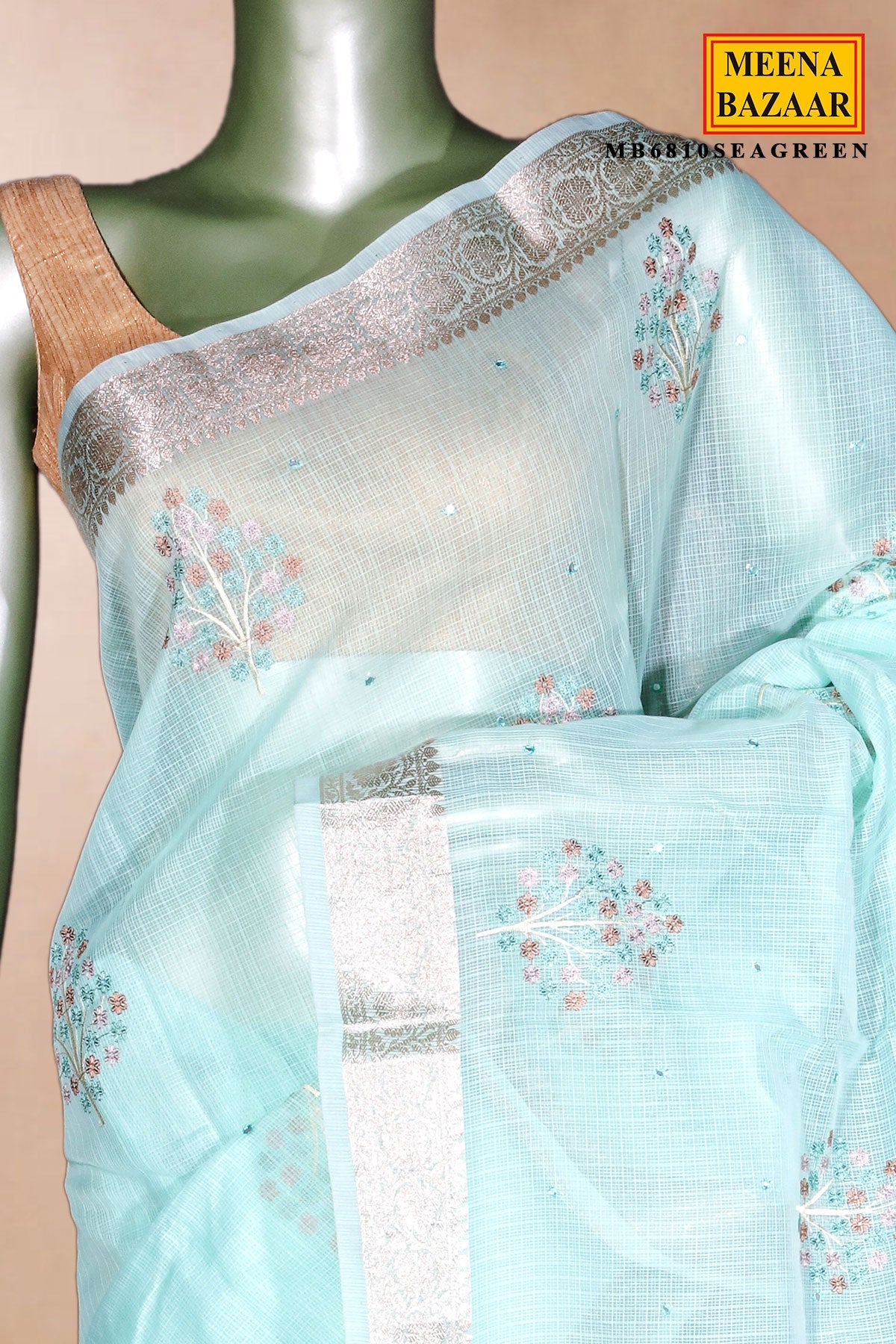 Sea Green Cotton Saree with Resham Butta Weaving